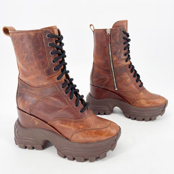 Miu Miu Brown Distressed Leather Platform Wedge Combat Ankle Boot size IT 40 - Picture 1 of 13